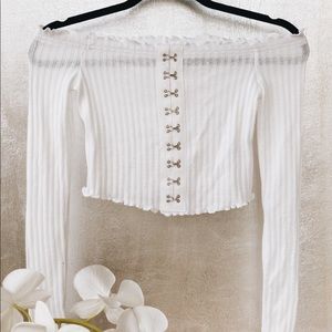 NORDSTROM white off the shoulder “love fire” shirt